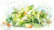 © Alpha - Fresh Caesar salad with crispy romaine, parmesan shavings, and crunchy croutons, painted in a flowing watercolor style, inviting and delicious