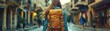 © tonstock - A young woman wearing a backpack is seen from behind on her travels.