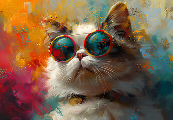  Persian cat with stylish glasses exudes confidence and charm in a playful and vivid artwork.