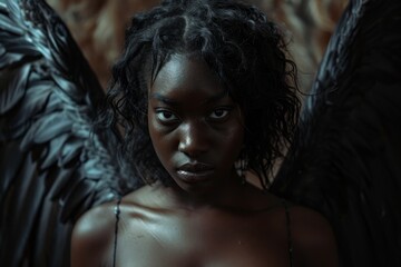 Mysterious woman with dark angel wings