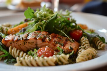 Wall Mural - Healthy grilled salmon with pasta and salad on a plate