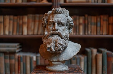 Sticker - Ancient philosopher's bust in front of a bookshelf