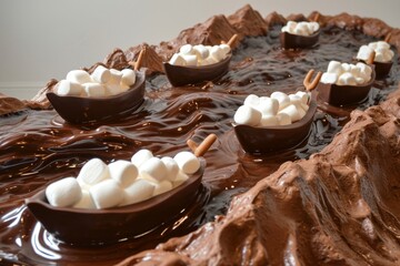 Wall Mural - Chocolate boats with marshmallows on a river of chocolate