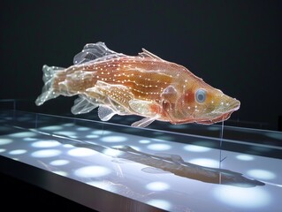 Sticker - illuminated wireframe fish sculpture in an art installation