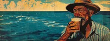 Blockprint, 1900 Fisherman, New England, Drinking Coffee, By The Ocean