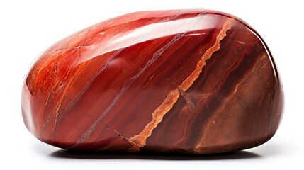 Red jasper stone, known for its solid red coloring and smooth texture, photographed on an isolated white background, illustrating its grounding and nurturing properties.