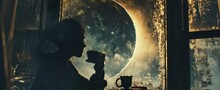 Person Drinking Coffee, Half-moon In The The Sky