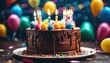 © akkash jpg - 'illustration icing cake colorful candles background. buttercream dark balloons confetti Chocolate birthday fun frosted sweet food party background baked nobody celebration candle homemade blue b'