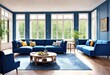 Modern living room featuring a harmonious blue color scheme, Relaxing blue-themed living space with elegant décor, Cozy living room with serene blue tones and matching furniture.