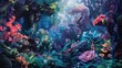 Craft a mesmerizing panoramic view wallpaper of a fantastical alien landscape, featuring vibrant, otherworldly flora and fauna, rendered in vivid watercolor
