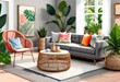 © Sunny ART - Abundant greenery enhances the relaxing ambiance of a modern living room, A botanical paradise within a stylish living space, Lush tropical oasis in a cozy living room setting.