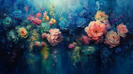 Wall Mural - Illustrate an underwater floral scene as if flowers were submerged and swaying under water