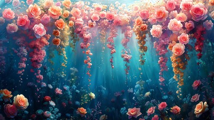 Wall Mural - Illustrate an underwater floral scene as if flowers were submerged and swaying under water