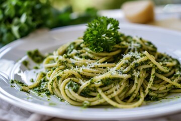 Wall Mural - Delicious homemade pesto pasta on a plate