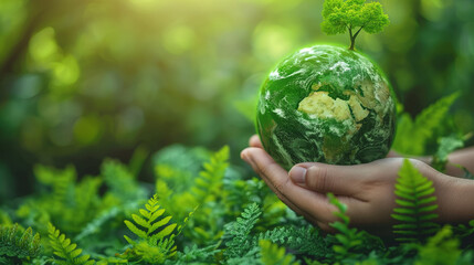 Global sustainable environment concept - ESG, net zero, eco, co2, carbon, human hand holding green globe orb with growing tree save our planet, world environment day, earth day and climate change. 