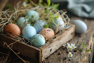 Poster - Assorted speckled eggs in a rustic wooden box with spring blossoms