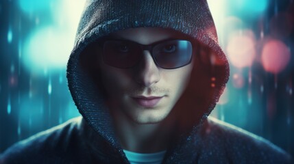 Mysterious person in hoodie and sunglasses against a blurred city lights background