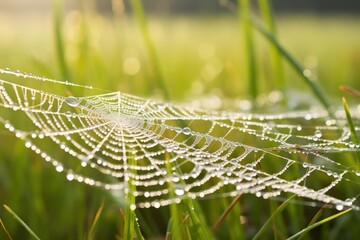 Canvas Print - Dew drops on spider web in morning light