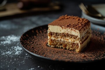 Wall Mural - Delicious tiramisu on a dark table dusted with cocoa powder