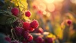 Ripe raspberries in the golden light of sunset