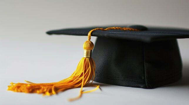 Graduation cap with gold tassel on a plain background