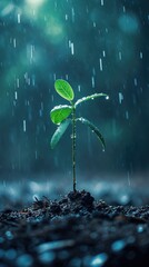 Canvas Print - Young plant sprouting from soil with raindrops falling