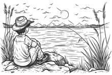 A Boy Is Sitting On A Rock By A Lake, Looking Out At The Water