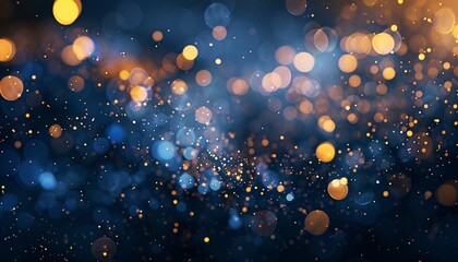 Wall Mural - Abstract background with dark blue and gold particles, golden Christmas light particles shine bokeh on a dark blue background, gold foil texture concept.