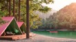 A luxury camping tent set up beside a peaceful lake surrounded by a dense pine forest during a warm sunset.