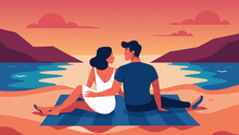 The Couple Lay On A Blanket Hands Entwined As They Talked About Everything And Nothing The Mesmerizing Beach Sunset Serving As The Backdrop For Their. Vector Illustration