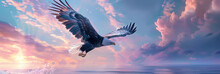 Eagle With Large White Wings Flying Over The Ocean