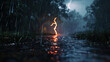 The lightning flashed down in a stream. In the middle of the dark sky during the rainy season. 