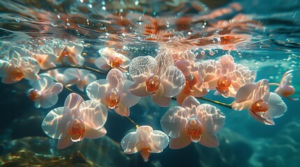 Wall Mural - illustrate an underwater scene where delicate orchids float gently in a shallow stream