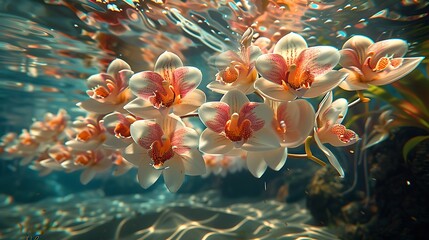 Wall Mural - illustrate an underwater scene where delicate orchids float gently in a shallow stream