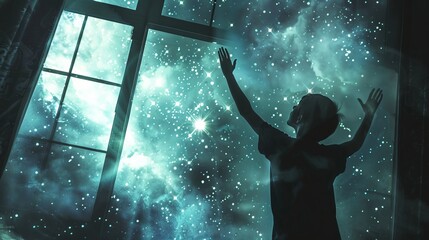 Canvas Print - A magical portrayal of a person reaching out to touch the stars from their bedroom window, bridging dreams and reality