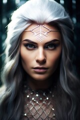 Poster - a woman with silver hair and a crown on her forehead