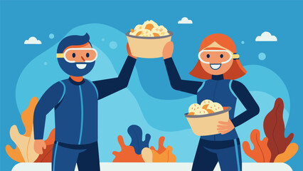 As they make their way back to the boat the two divers each hold up a handful of seashells they found grinning as they compare their finds.. Vector illustration