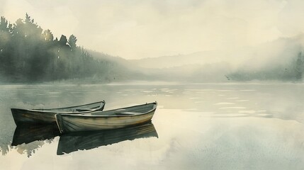 vintage watercolor painting of 2 boats on a calm lake with a misty atmosphere