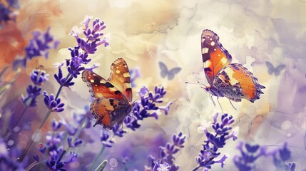 vintage watercolor painting close up of lavender garden with butterflies