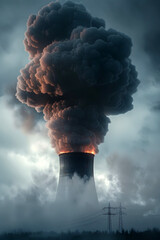 Wall Mural - Dramatic Smoke Plume Erupting from Industrial Facility in Stormy Skies,Highlighting Energy and Environmental Concerns