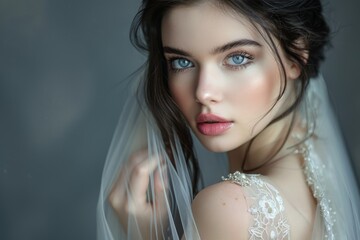 Wall Mural - a beautiful young bride with long dark hair and bright blue eyes on a grey studio background