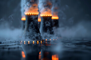 Wall Mural - Imposing Nuclear Power Plant Emitting Billowing Smoke Against Gloomy Skies in Cinematic Photographic Style