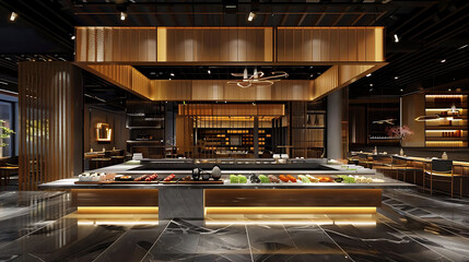 sushi bar counter in a restaurant with black ceiling and shiny floor