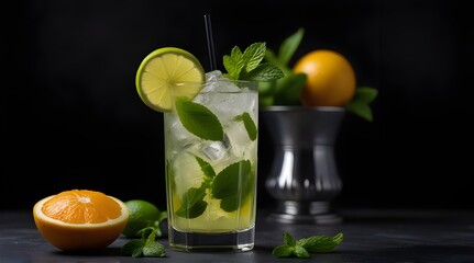 Cold mojito with lime and mint leaves on black table. Fresh beverage with crushed ice on top.generative.ai