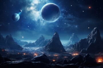 Glowing satellite orbits planets landscape astronomy universe.