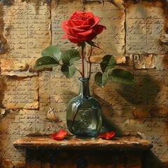 Sticker - a red rose in a green vase on a table