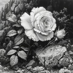 Wall Mural - a rose that is sitting on a rock in the grass