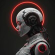 A robot with a red light emitting from around its head, creating a striking visual effect.