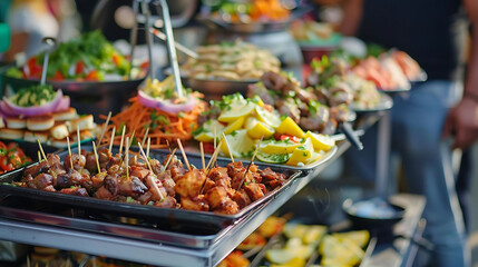 food truck fest featuring a variety of dishes including a green salad, served in black and silver b