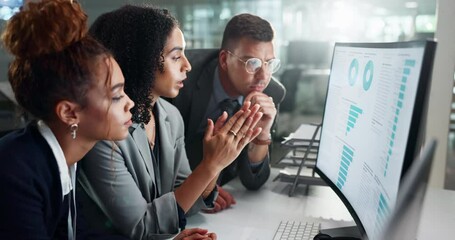 Aufkleber - Business people, computer screen and statistics graphs with teamwork for financial growth, investment or charts. Women, man and discussion for data analytics or market research, revenue or review
